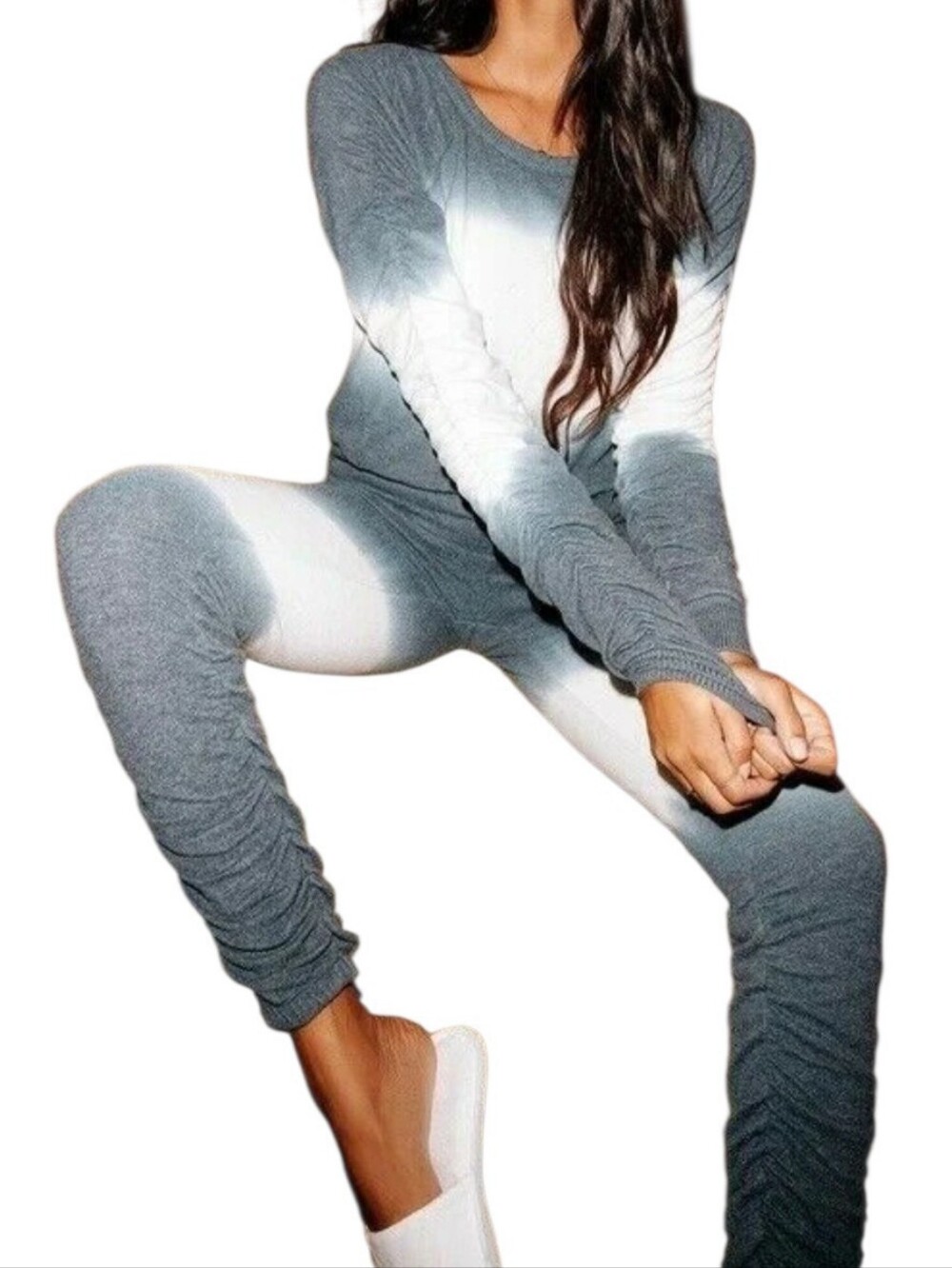 Chaser Tie-Dye Ombre Grey & Ivory Long Sleeve 2 Piece Shirred Lounge Set Size M